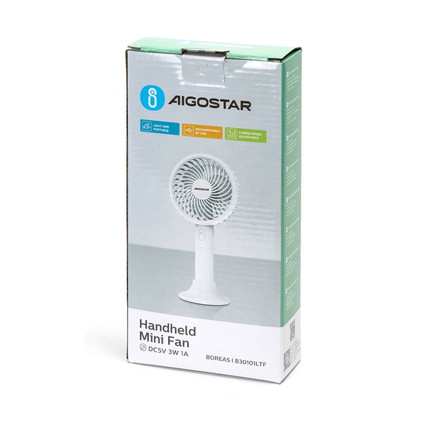 Aigostar - Tragbarer Ladeventilator 3W/5V 1500mAh USB Weiß
