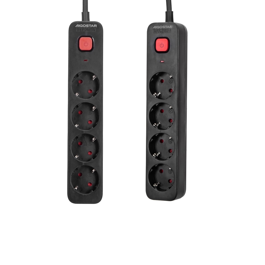 Aigostar - Verlängerungskabel mit Schalter 4Z Typ F 1,5m schwarz