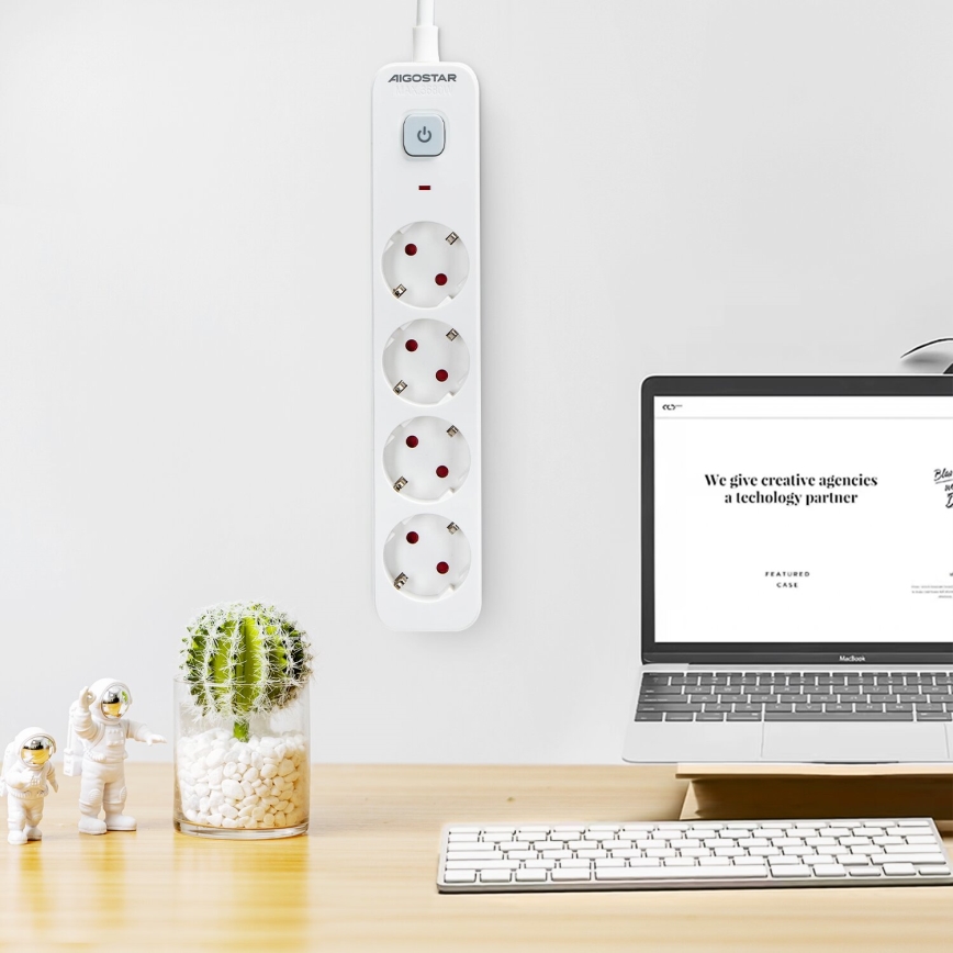 Aigostar - Verlängerungskabel mit Schalter 4Z Typ F 1,5m weiß