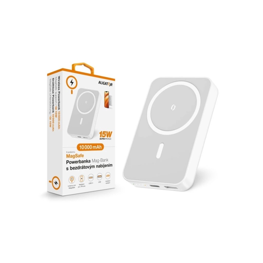 Aligator AMS04WT - Powerbank mit kabellosem Qi- und MagSafe-Laden, 10.000 mAh, 15 W Power Delivery, schwarz