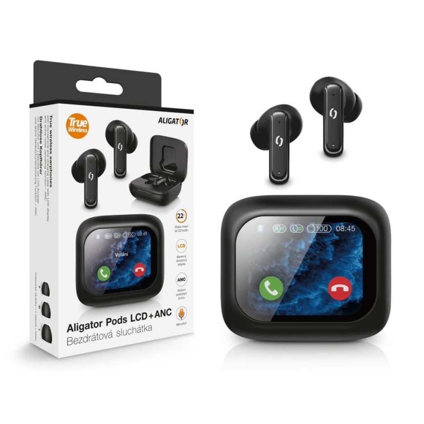 Aligator TWS07 - Kabellose In-Ear-Pods, LCD + ANC, 400 mAh + 2x 40 mAh, Schwarz
