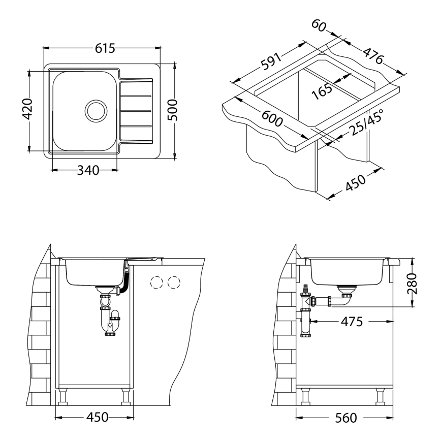 ALVEUS 1144603 - Küchenspüle LINE 61,5×50 cm Edelstahl/satiniert, ohne Exzenter-Ablaufgarnitur