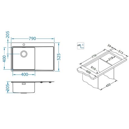 ALVEUS 1149516 - Küchenspüle PURE 79x52,5 cm satiniert, rechts + Siphon mit Schnellverschluss