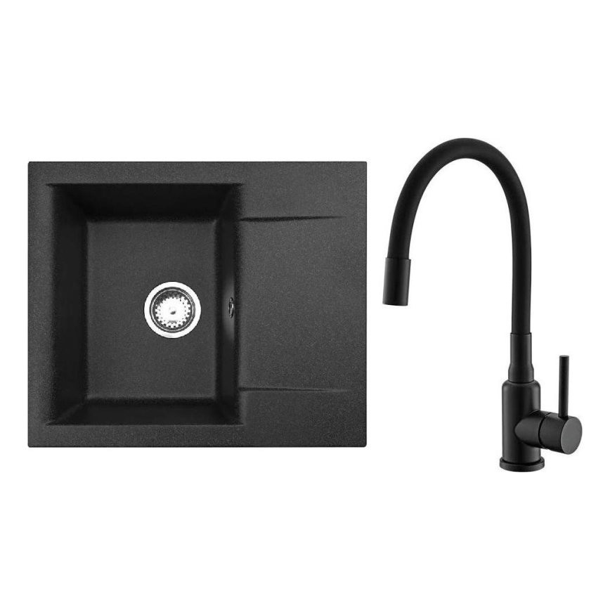 ALVEUS SETA23197 - Küchenspüle CADIT 59x50 cm + Spültischarmatur mit flexiblem Auslauf MINTAS 34 cm Granit/matt schwarz