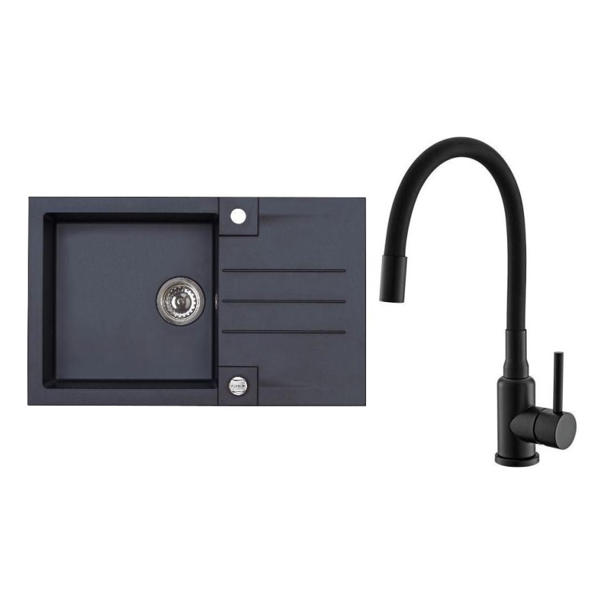ALVEUS SETA23201 - Küchenspüle ROCK 78x48 cm + Spülarmatur mit flexiblem Auslauf MINTAS 34 cm Granit/mattes Schwarz