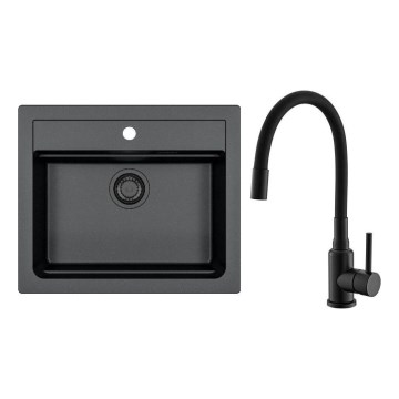 ALVEUS SETA23228 - Küchenspüle ATROX 59x50 cm + Einhebelmischbatterie mit flexiblem Auslauf MINTAS 34 cm Granit/matt Schwarz