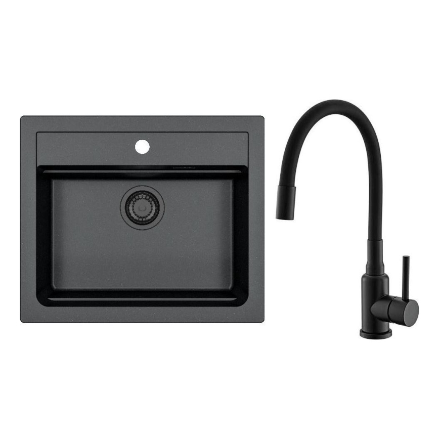 ALVEUS SETA23228 - Küchenspüle ATROX 59x50 cm + Einhebelmischbatterie mit flexiblem Auslauf MINTAS 34 cm Granit/matt Schwarz
