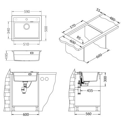 ALVEUS SETA23228 - Küchenspüle ATROX 59x50 cm + Küchenarmatur mit flexiblem Auslauf MINTAS 34 cm Granit/matt schwarz