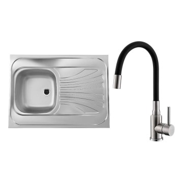 ALVEUS SETA24019 - Küchenbecken CLASSIC 80x60 cm + Armatur mit flexiblem Auslauf MINTAS 34 cm gebürsteter Edelstahl/schwarz