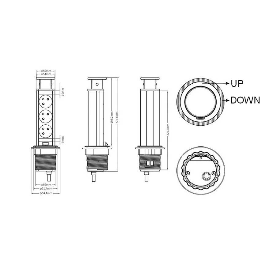 Anschließbare Steckdosen-Säule zur Montage in der Tischplatte, 3×230 V