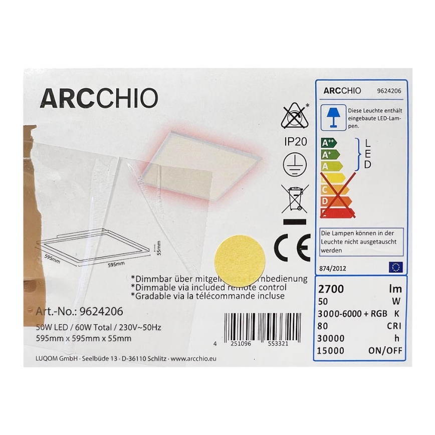 Arcchio - Dimmbare LED-RGBW-Deckenleuchte BRENDA LED/50W/230V 3000-6000K + Fernbedienung