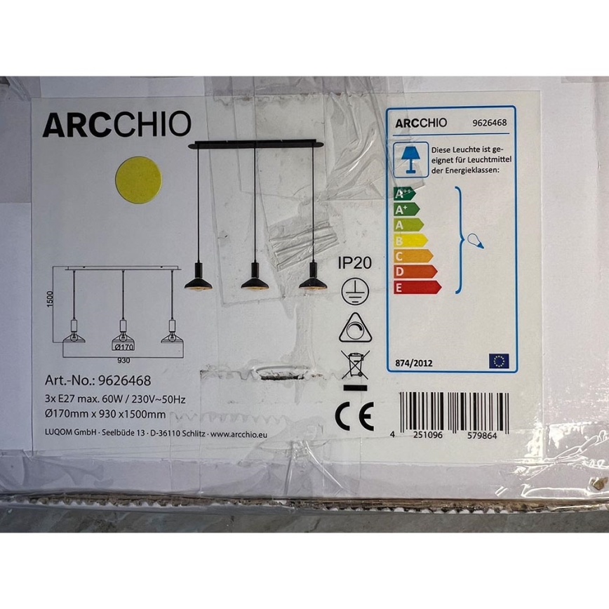 Arcchio - Hängeleuchte an Schnur JAIKA 3xE27/60W/230V