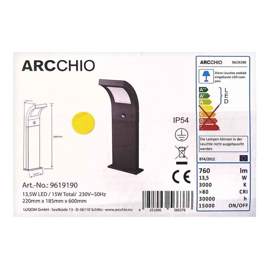 Arcchio - LED-Außenleuchte mit Sensor ADVIK LED/13,5W/230V IP54