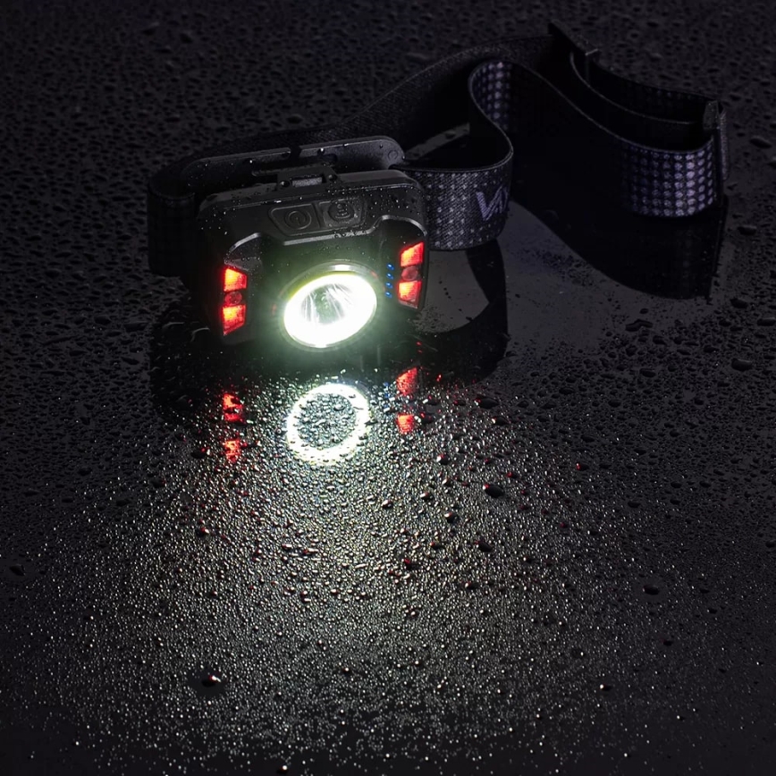 Dimmbare, aufladbare LED-Stirnlampe mit Sensor und rotem Licht LED/15W/5V IP66 430 glänzend 1800 mAh