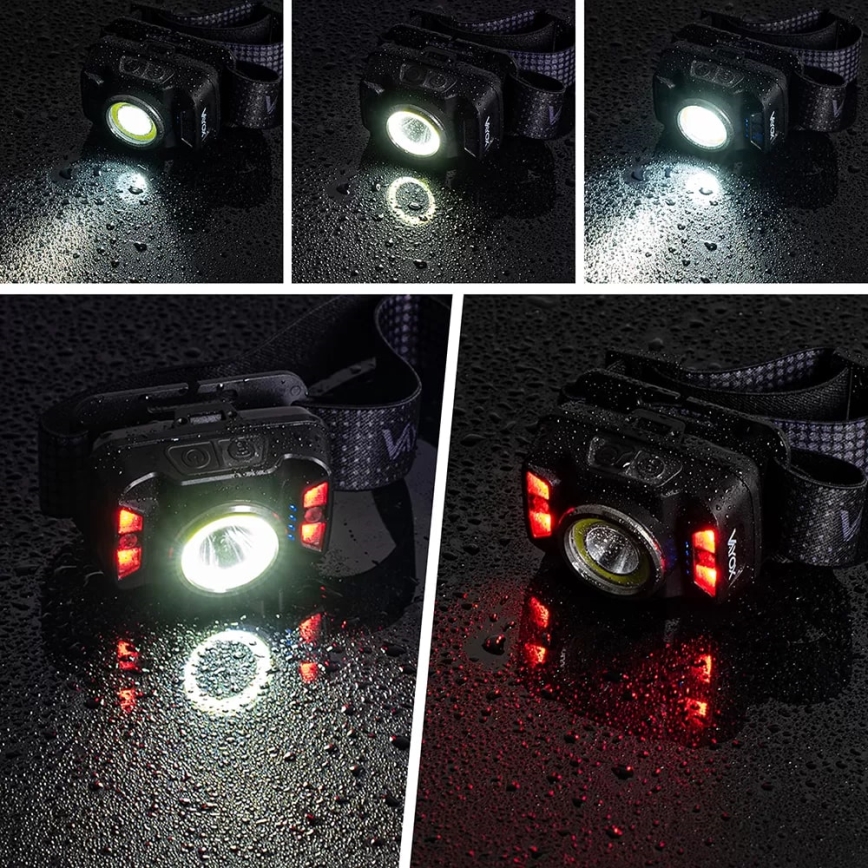 Dimmbare, aufladbare LED-Stirnlampe mit Sensor und rotem Licht LED/15W/5V IP66 430 glänzend 1800 mAh