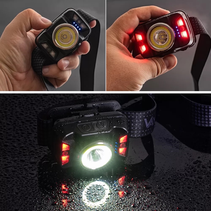 Dimmbare, aufladbare LED-Stirnlampe mit Sensor und rotem Licht LED/15W/5V IP66 430 glänzend 1800 mAh