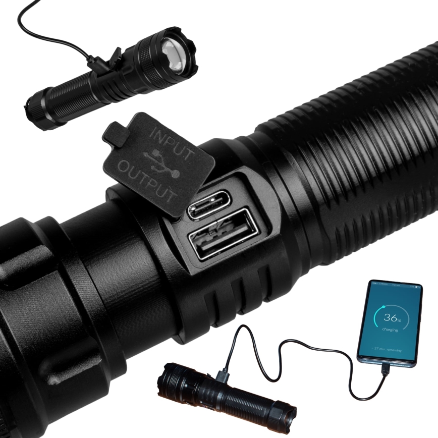 Dimmbare, aufladbare LED-Taschenlampe mit Powerbank Funktion LED/10W/5V IPX4 600 glänzend 2000 mAh