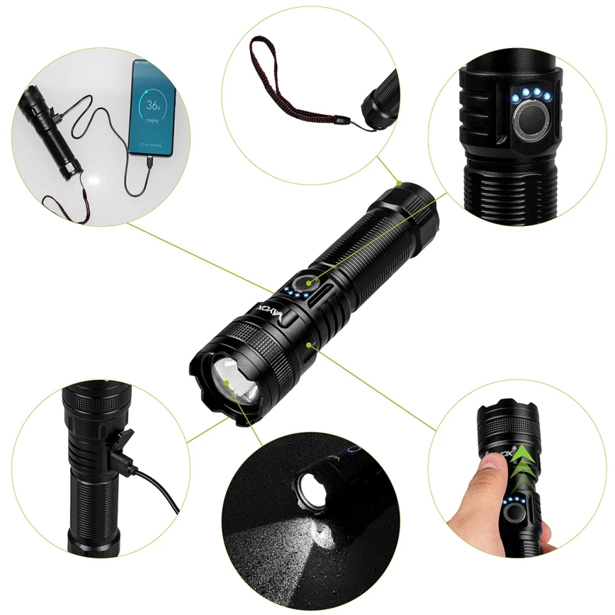 Dimmbare, aufladbare LED-Taschenlampe mit Powerbank Funktion LED/10W/5V IPX4 600 glänzend 2000 mAh