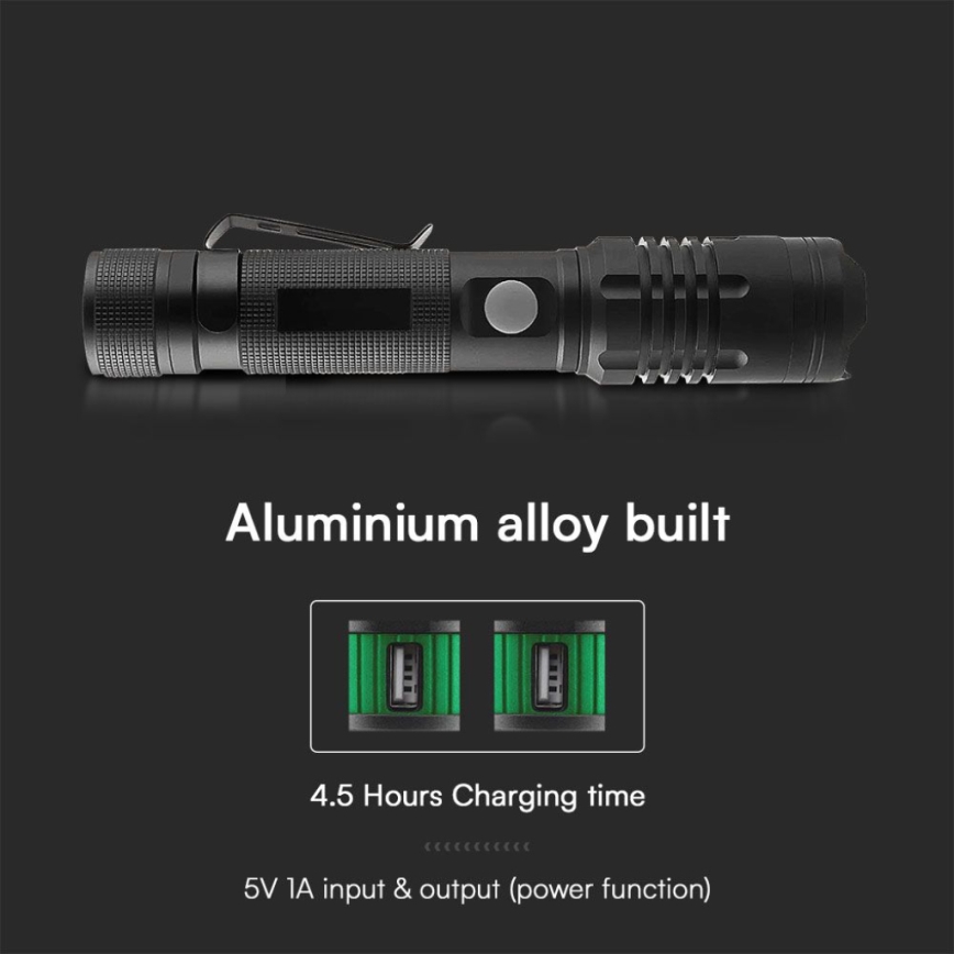 Aufladbare LED-Taschenlampe USB LED/10W/5V IP54 2000 mAh 1000 glänzend