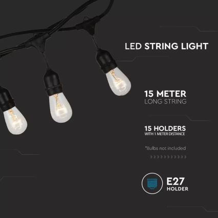 Außen-Lichterkette STRING 15 m, 15×E27/25 W/230 V, IP54