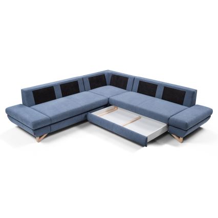 Ausklappbares, gepolstertes Ecksofa mit Stauraum in L‑Form AVESTA, blau