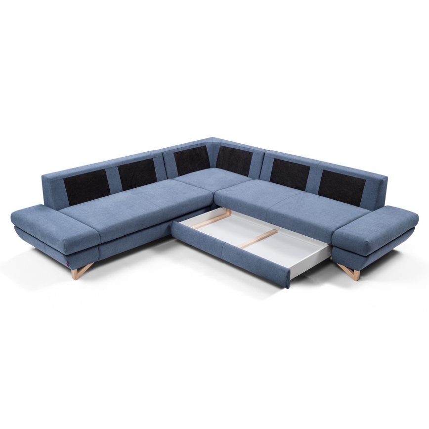 Ausklappbares, gepolstertes Ecksofa mit Stauraum in L‑Form AVESTA, blau