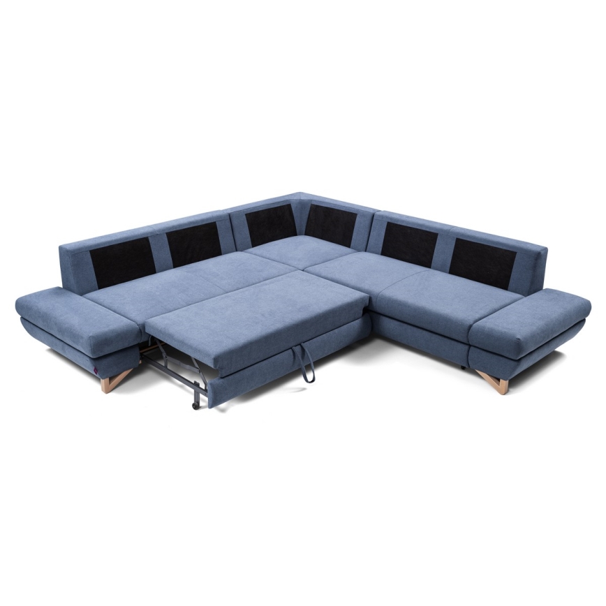 Ausklappbares, gepolstertes Ecksofa mit Stauraum in L‑Form AVESTA, blau
