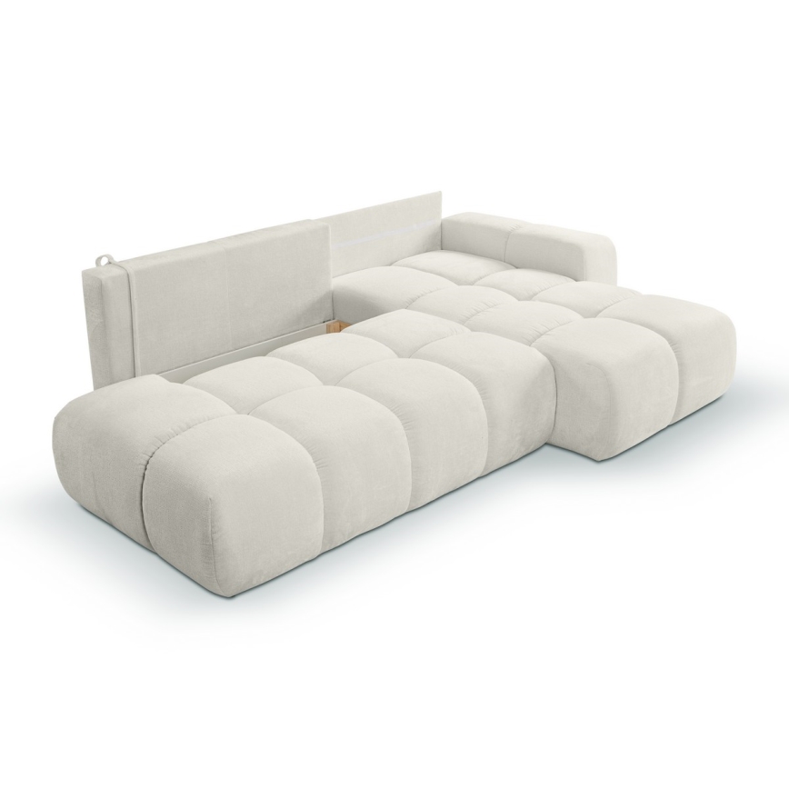 Ausziehbares, gepolstertes Ecksofa mit Stauraum in L‑Form ALMADA, rechts, beige