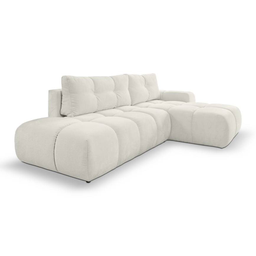 Ausziehbares, gepolstertes Ecksofa mit Stauraum in L‑Form ALMADA, rechts, beige