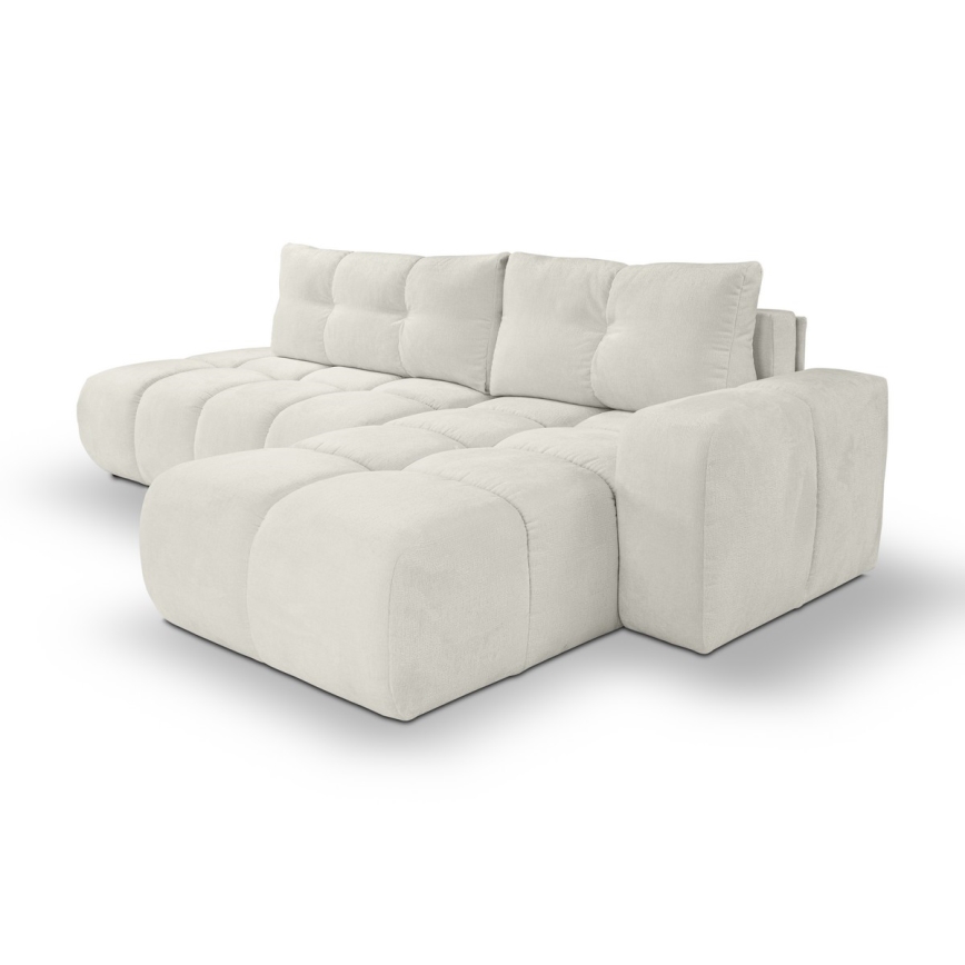 Ausziehbares, gepolstertes Ecksofa mit Stauraum in L‑Form ALMADA, rechts, beige