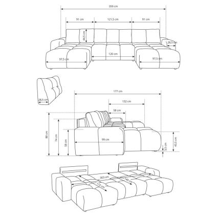 Ausklappbare, gepolsterte U‑förmige Polstergarnitur mit Stauraum ALMADA, beige