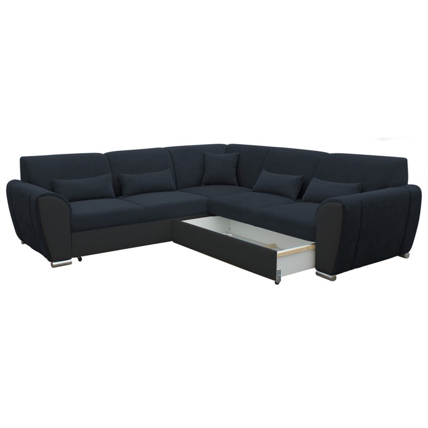 Ausziehbares Ecksofa VISEU in L‑Form mit Stauraum, rechts, Anthrazit/Schwarz