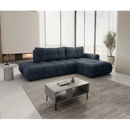 Ausziehbares, gepolstertes Ecksofa ALMADA in L-Form mit Stauraum, rechts, blau