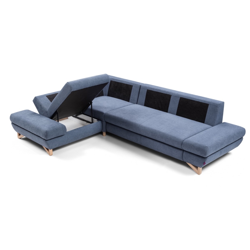 Ausziehbare gepolsterte Eckgarnitur AVESTA in L-Form, links, blau, mit Stauraum