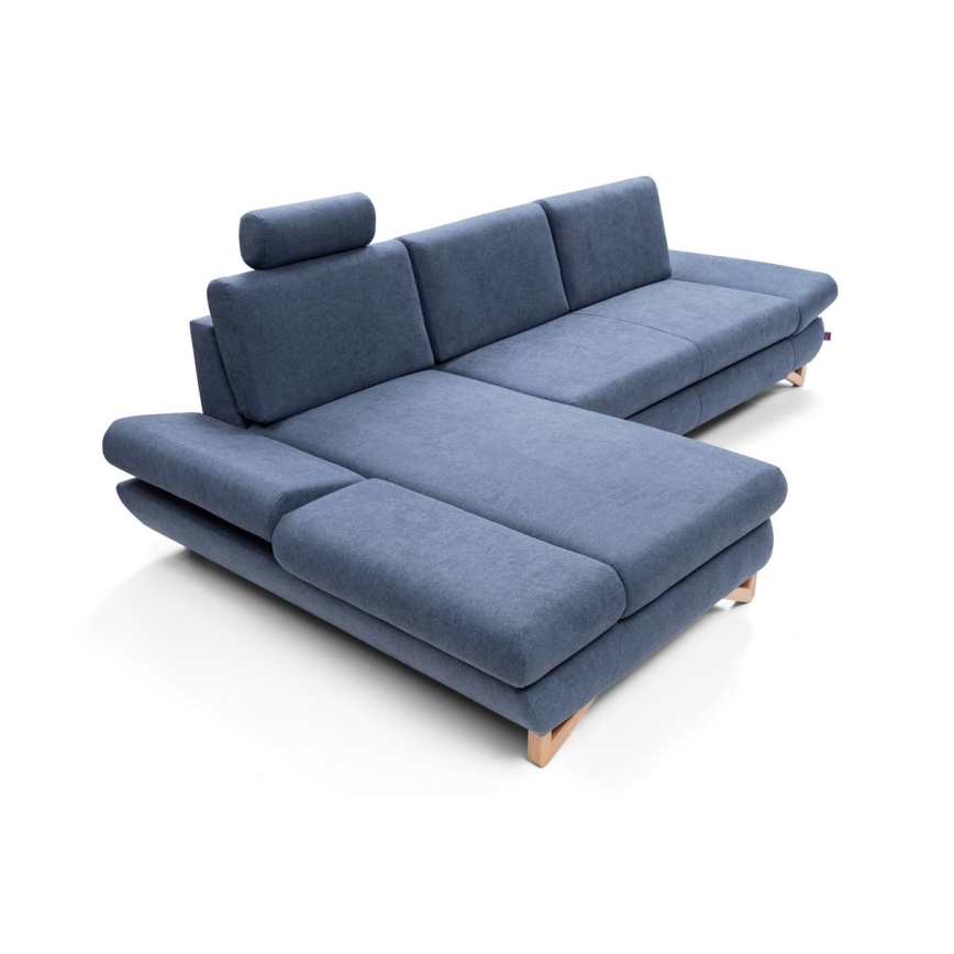 Gepolstertes, ausklappbares Ecksofa AVESTA in L‑Form mit Stauraum, links, blau