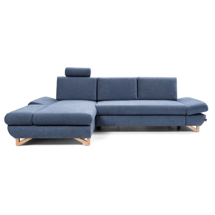 Gepolstertes, ausklappbares Ecksofa AVESTA in L‑Form mit Stauraum, links, blau