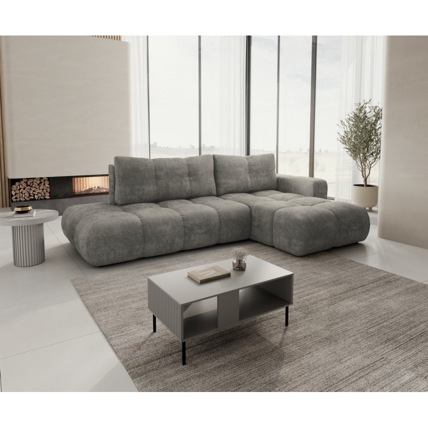 Ausziehbares, gepolstertes Ecksofa ALMADA in L-Form mit Stauraum, rechts, grau