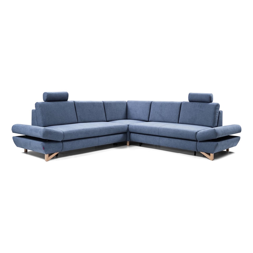 Ausklappbares, gepolstertes Ecksofa mit Stauraum in L‑Form AVESTA, blau