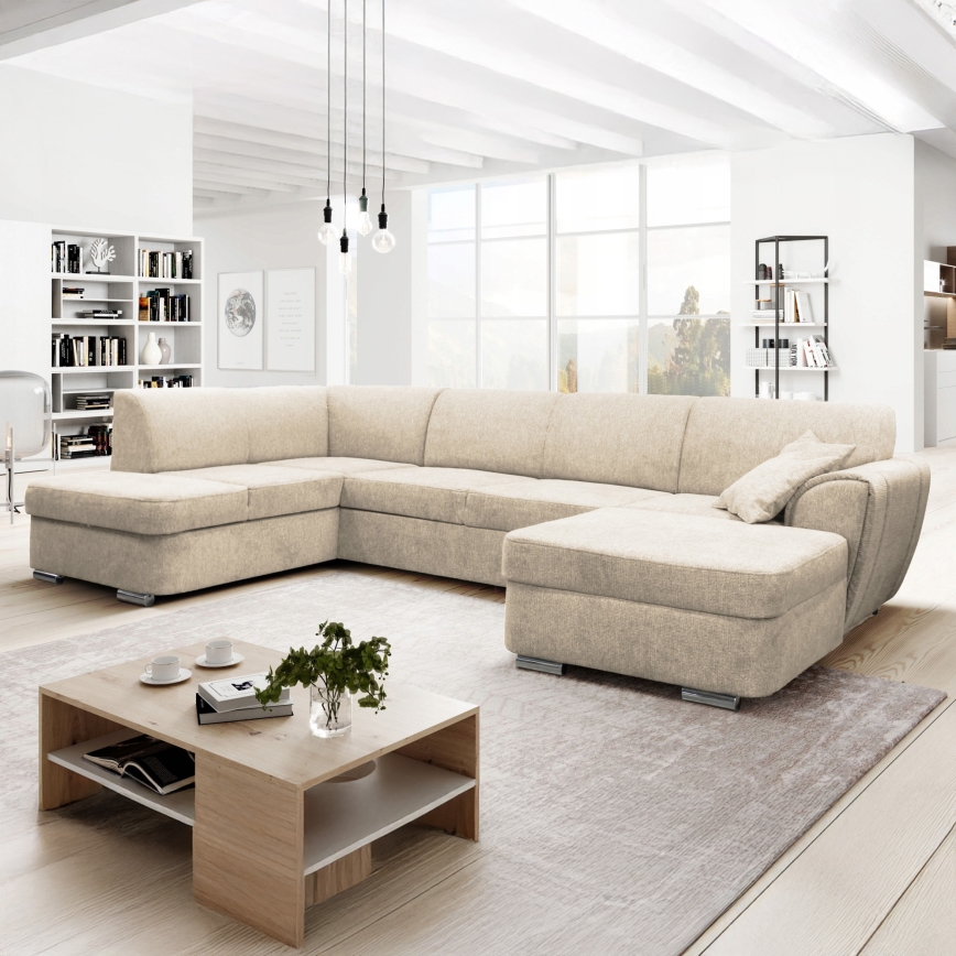 Ausklappbares U-Ecksofa SERPA, links, beige, mit Stauraum