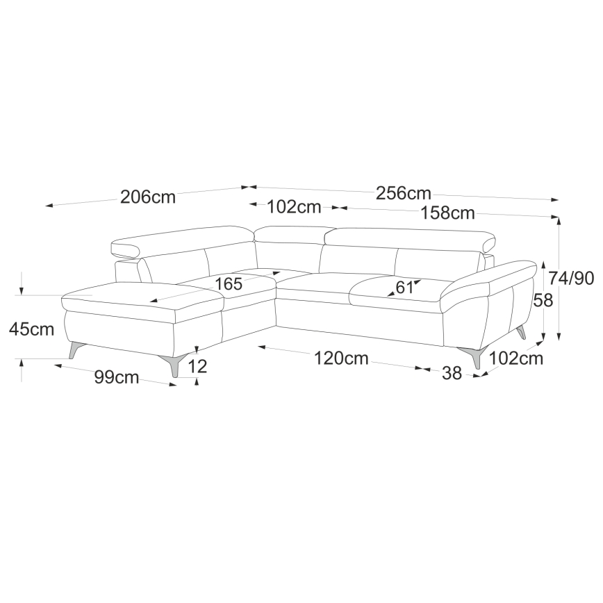 Ausziehbare Eckledercouch in L-Form SALERNO II links, grau