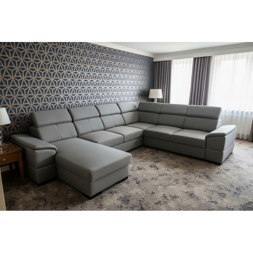 Ecksofa mit Schlaffunktion und Stauraum, universell einsetzbare U‑Ecke GRANADA dunkelgrau