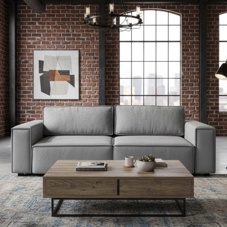 Ausziehbares 3‑sitziges Schlafsofa mit Stauraum RONDA – Grau