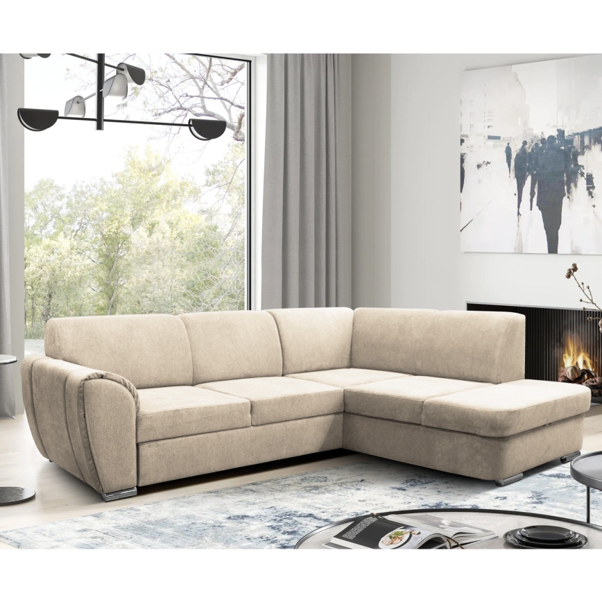 Ausziehbares Ecksofa SERPA in L‑Form mit Stauraum, rechts, Beige