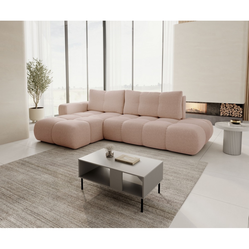 Ausklappbares, gepolstertes Ecksofa in L-Form mit Stauraum, links, rosa ALMADA