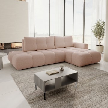 Ausziehbares, gepolstertes Ecksofa in L‑Form mit integriertem Stauraum ALMADA, rechts, rosa