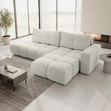 Ausziehbares, gepolstertes Ecksofa mit Stauraum in L‑Form ALMADA, rechts, beige