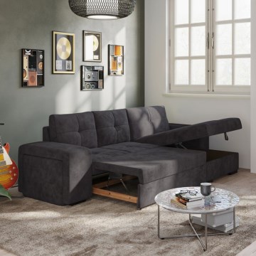 Ausziehbares Schlafsofa PALERMO mit Stauraum und Hocker, schwarz, rechts