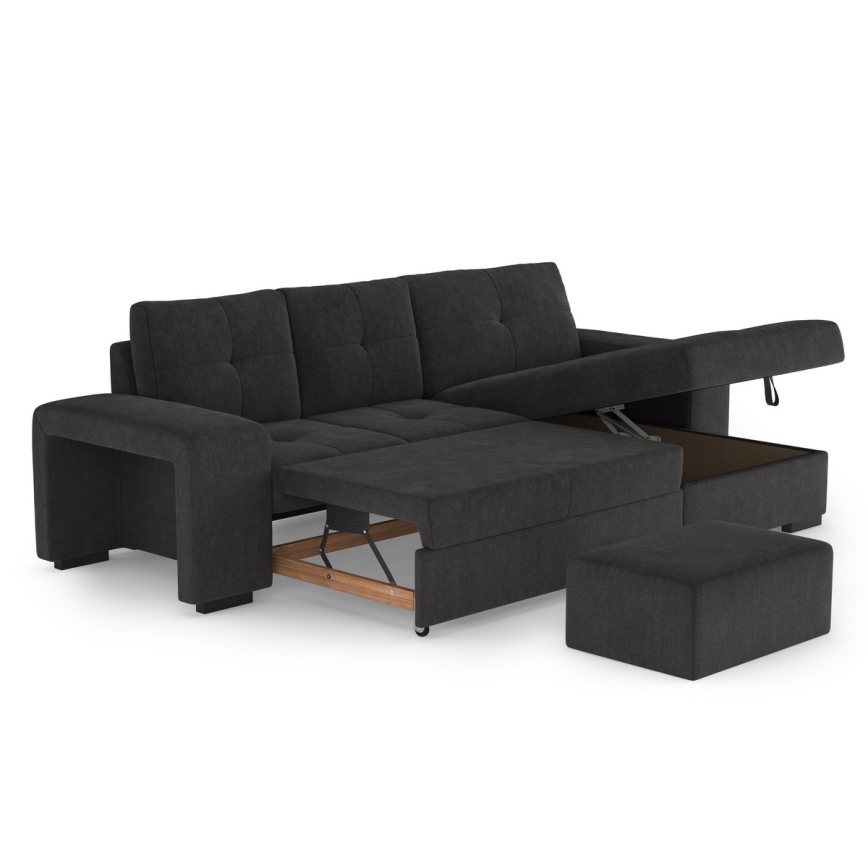 Ausziehbares Schlafsofa PALERMO mit Stauraum und Hocker, schwarz, rechts