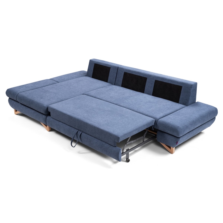 Ausziehbares gepolstertes Ecksofa AVESTA in L‑Form, links, mit Stauraum, blau