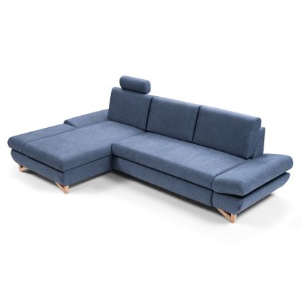 Ausziehbares gepolstertes Ecksofa AVESTA in L‑Form, links, mit Stauraum, blau
